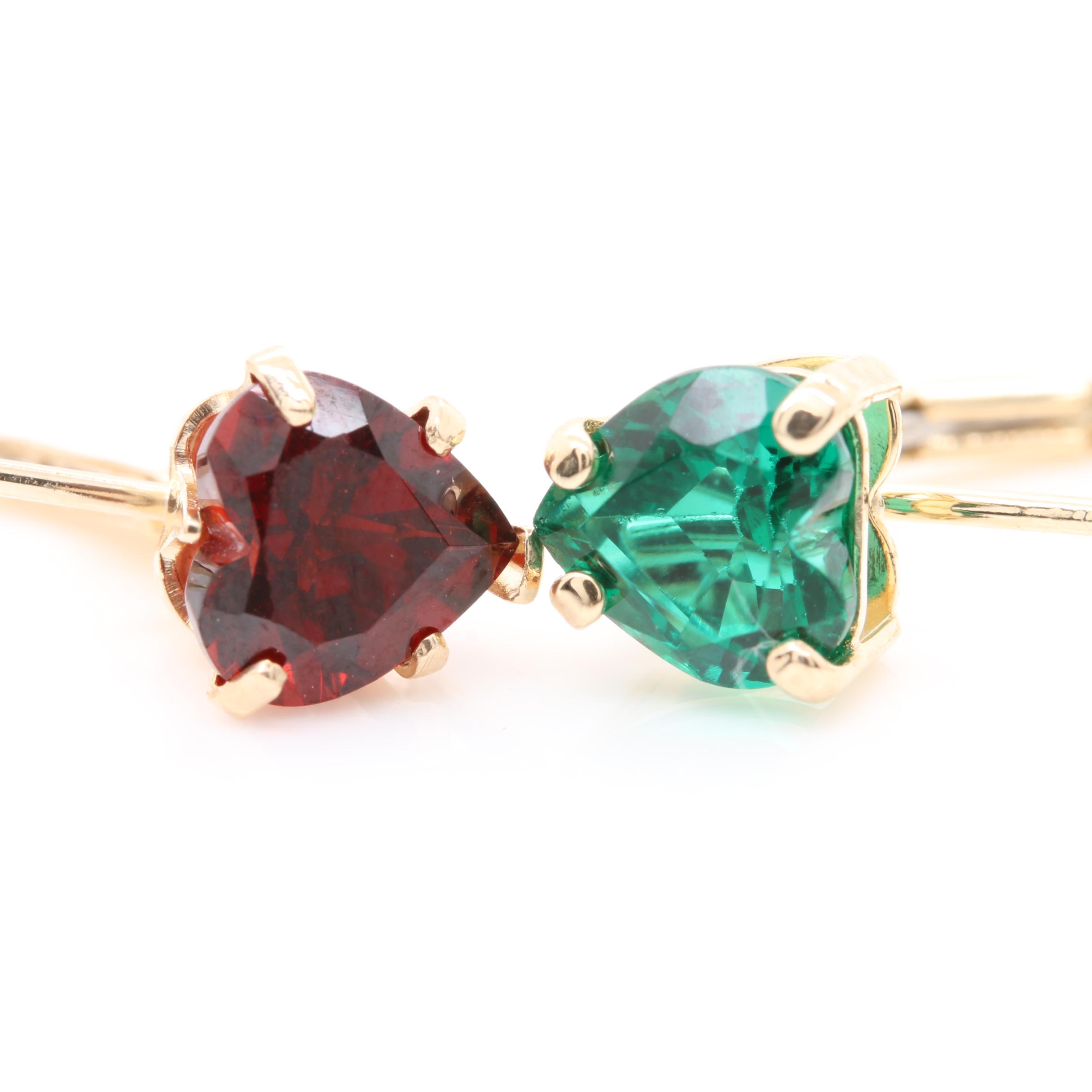 14K Yellow Gold Garnet, Synthetic Spinel and Synthetic Emerald Earrings