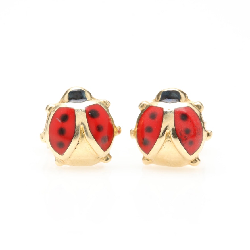 14K Yellow Gold Ladybug Stud Earrings With Enamel Accents