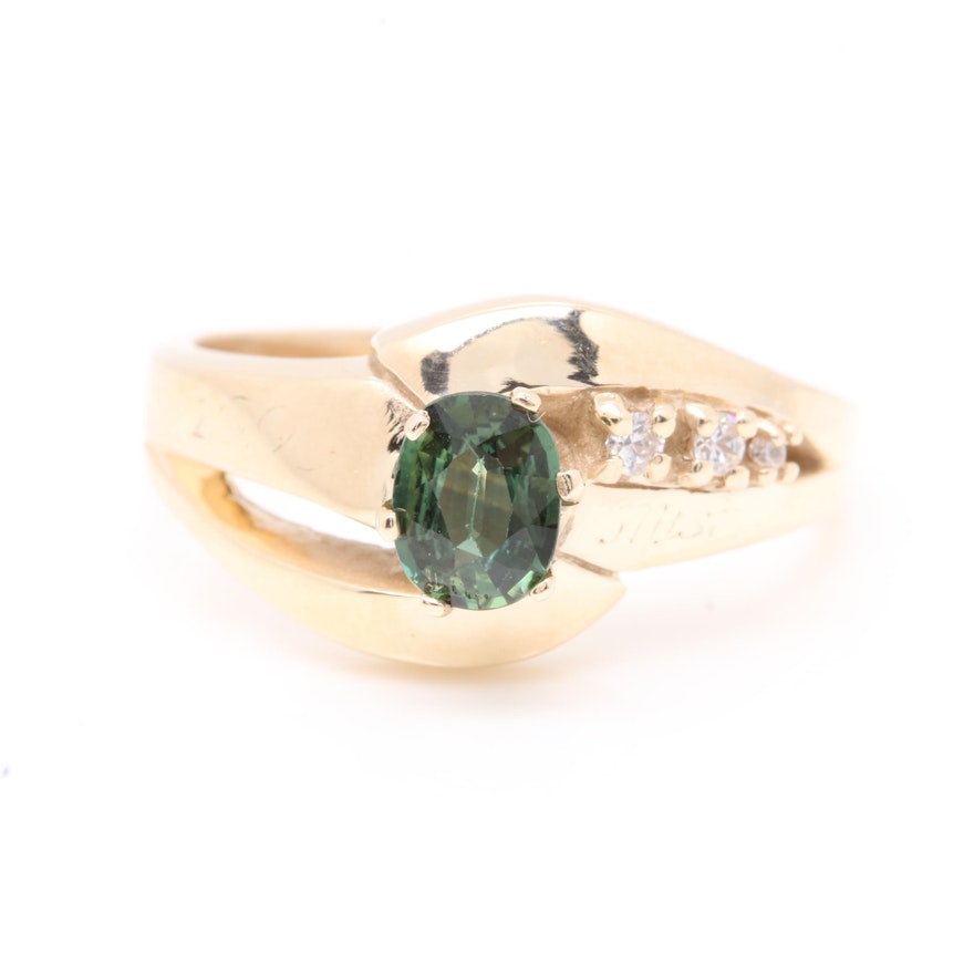 10K Yellow Gold Green Sapphire and Diamond Ring