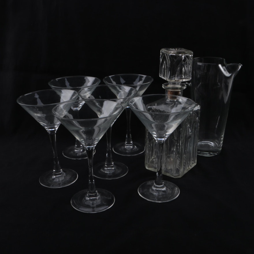 Glass Barware Including Mid Century Modern Style Martini Pitcher