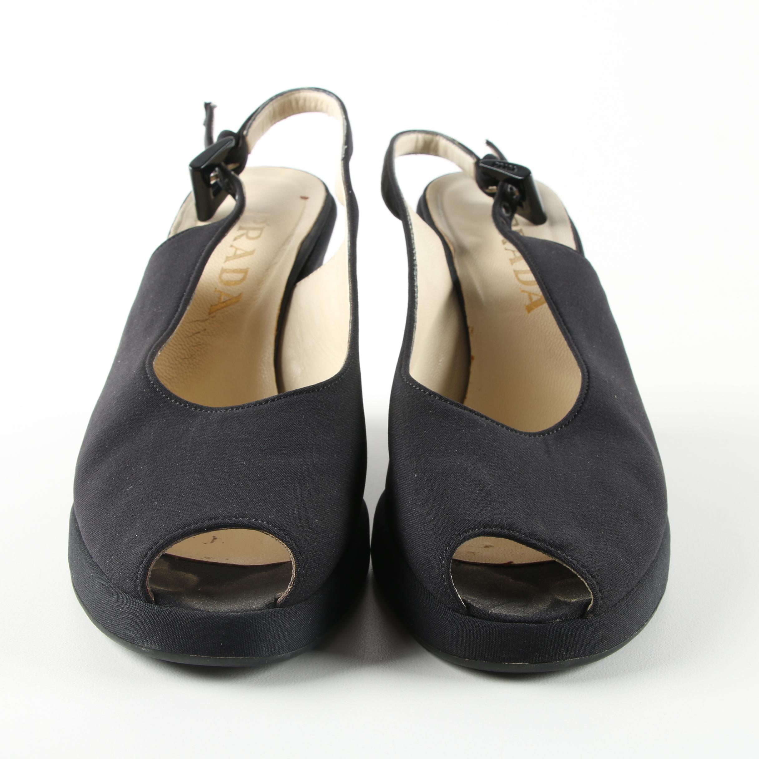 Prada Black Fabric Peep-Toe Slingback Wedges