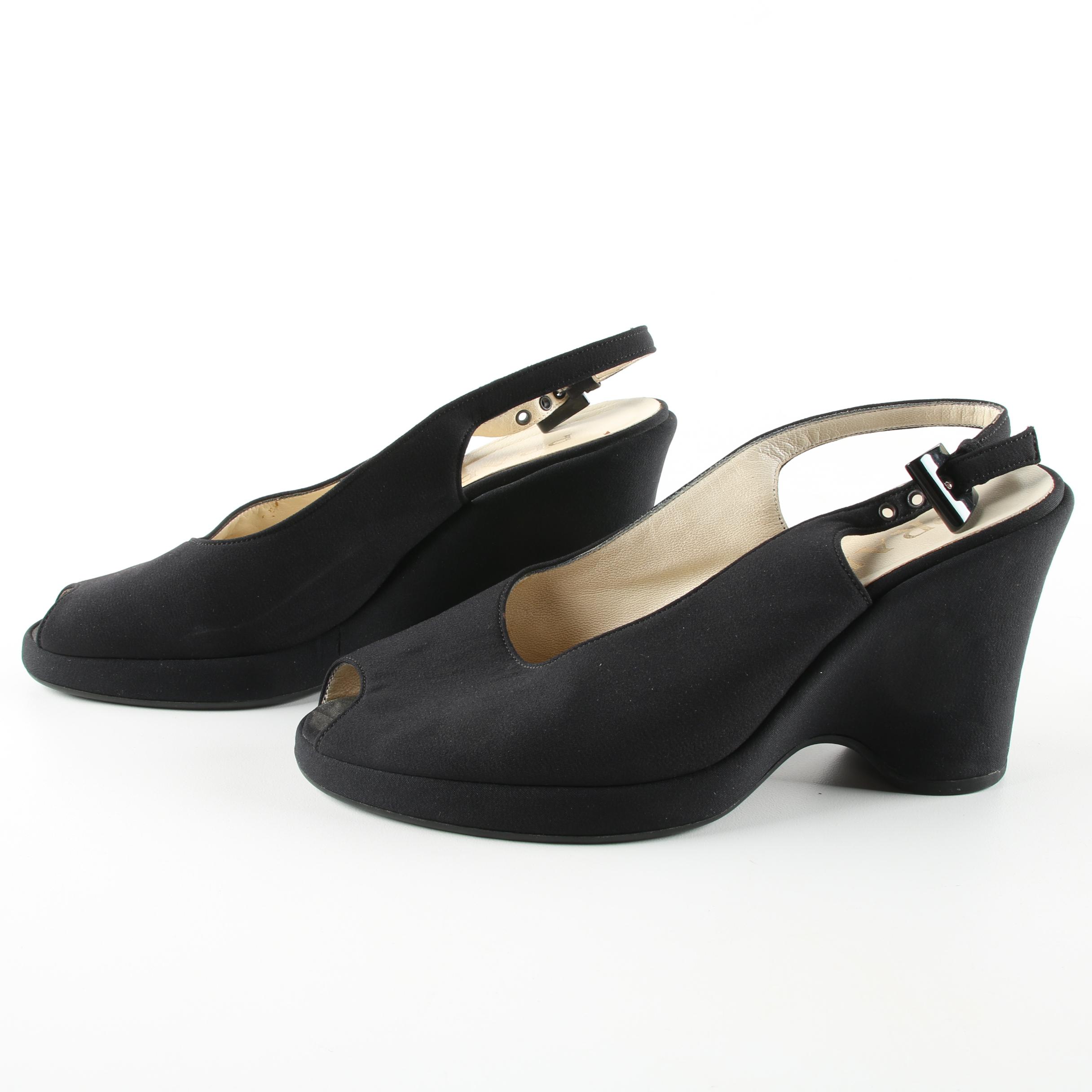 Prada Black Fabric Peep-Toe Slingback Wedges