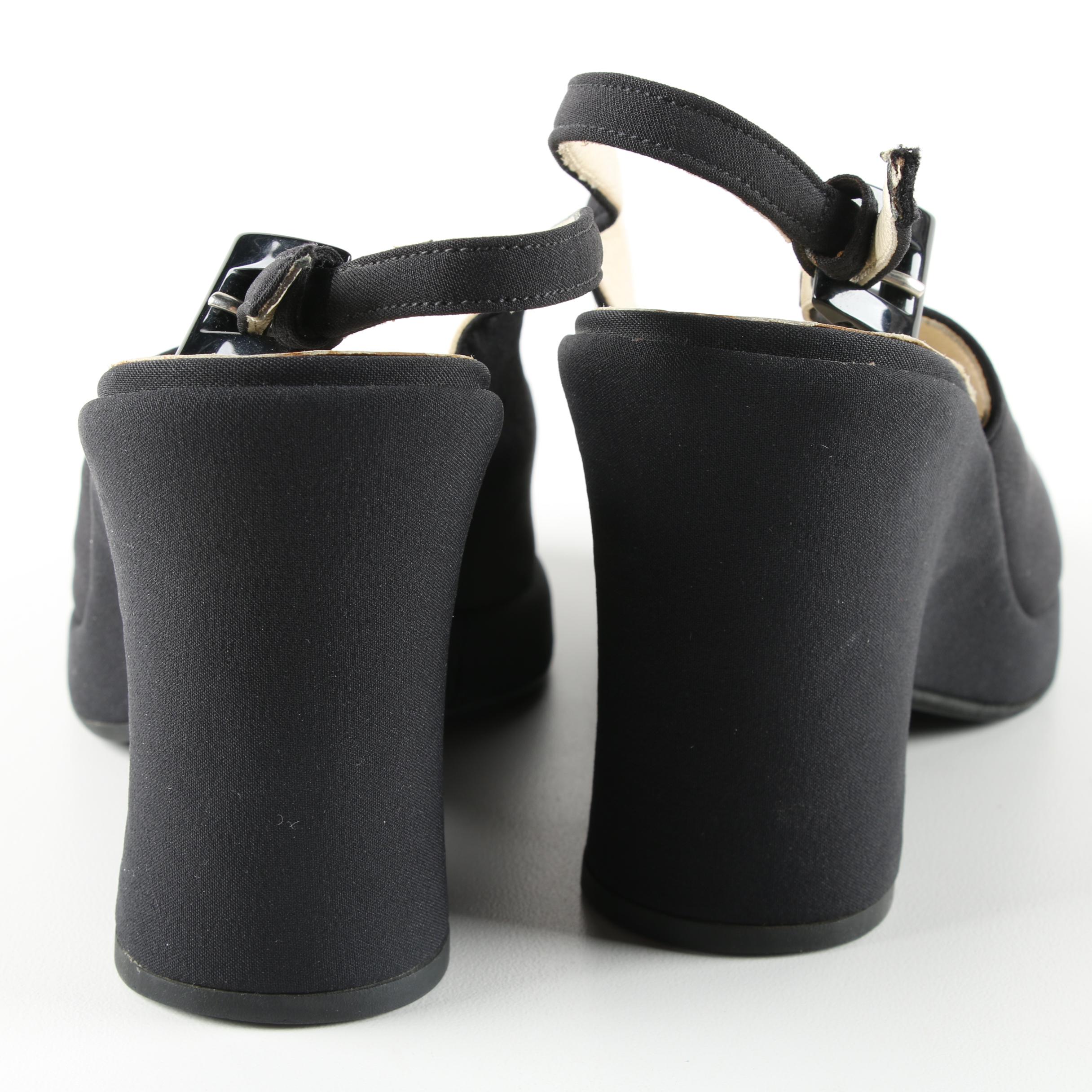 Prada Black Fabric Peep-Toe Slingback Wedges