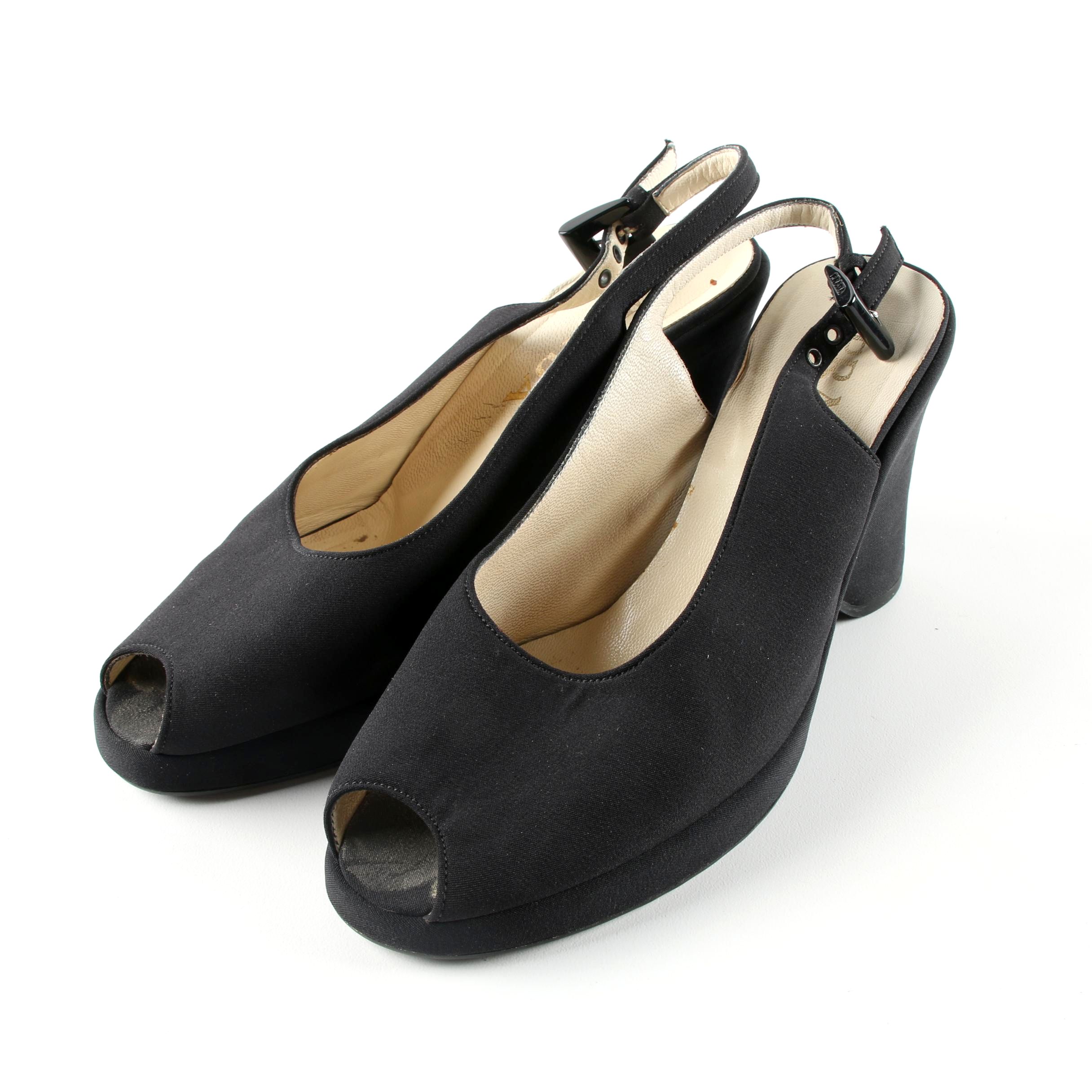 Prada Black Fabric Peep-Toe Slingback Wedges