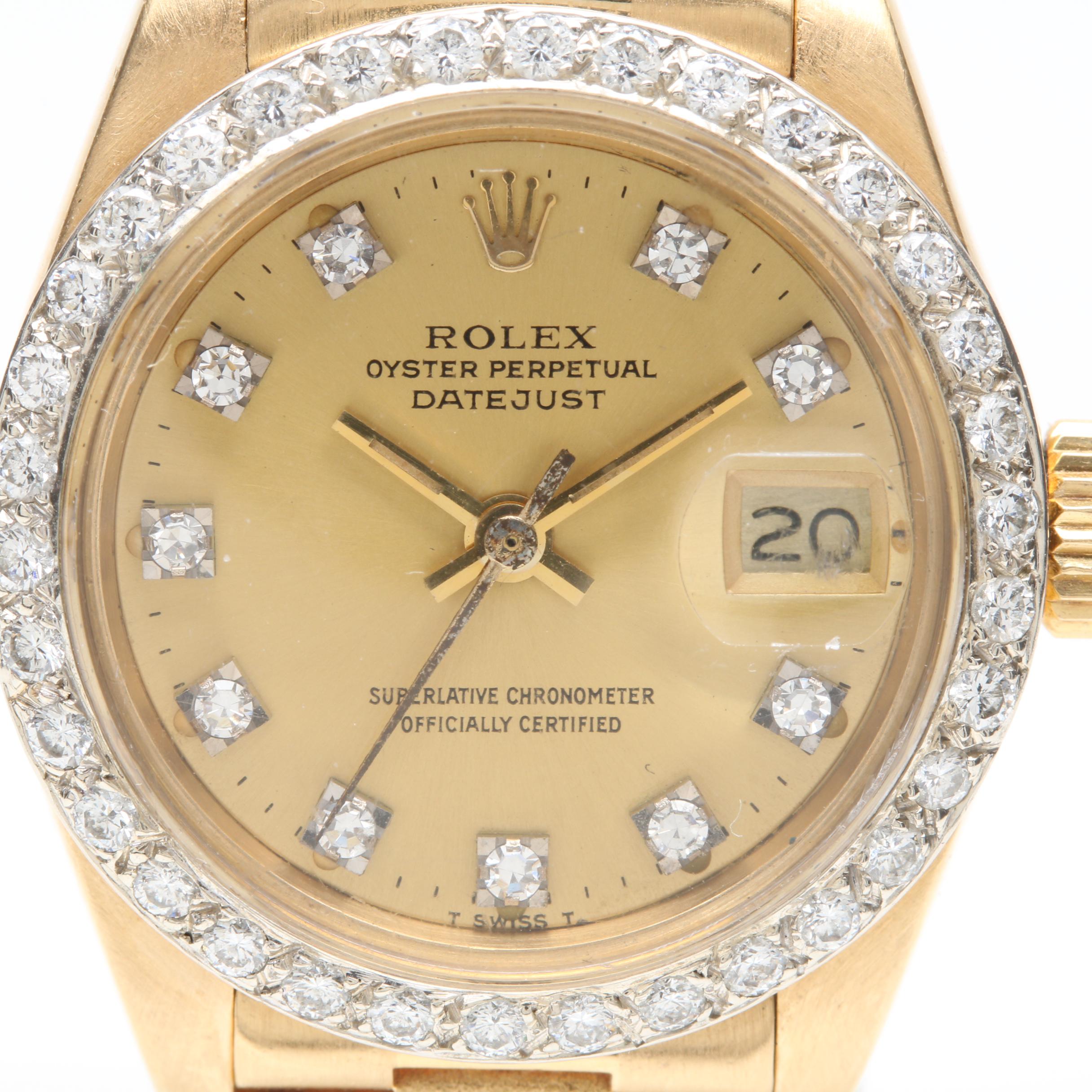 Vintage Rolex Oyster Perpetual Datejust 18K Yellow Gold Diamond Watch