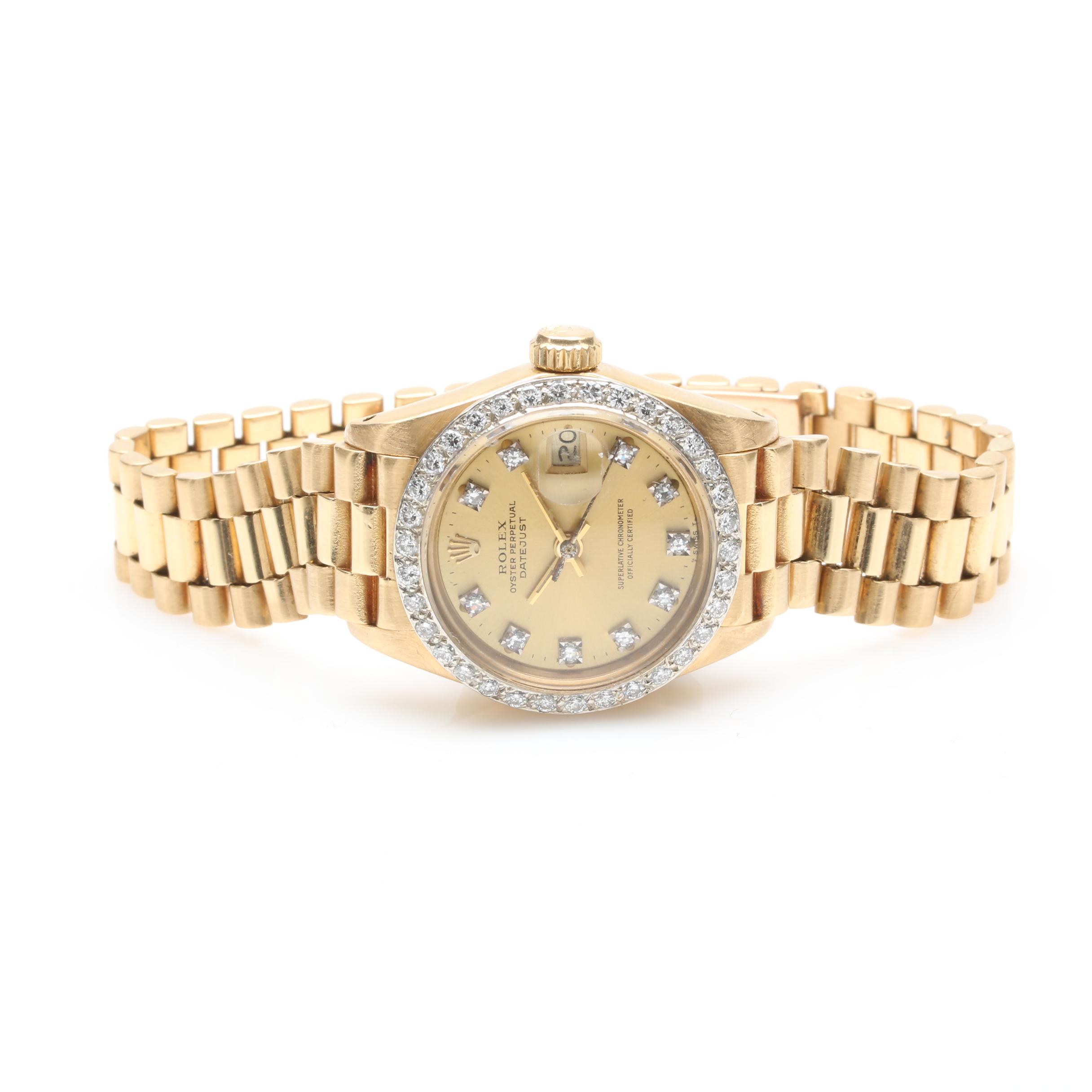 Vintage Rolex Oyster Perpetual Datejust 18K Yellow Gold Diamond Watch