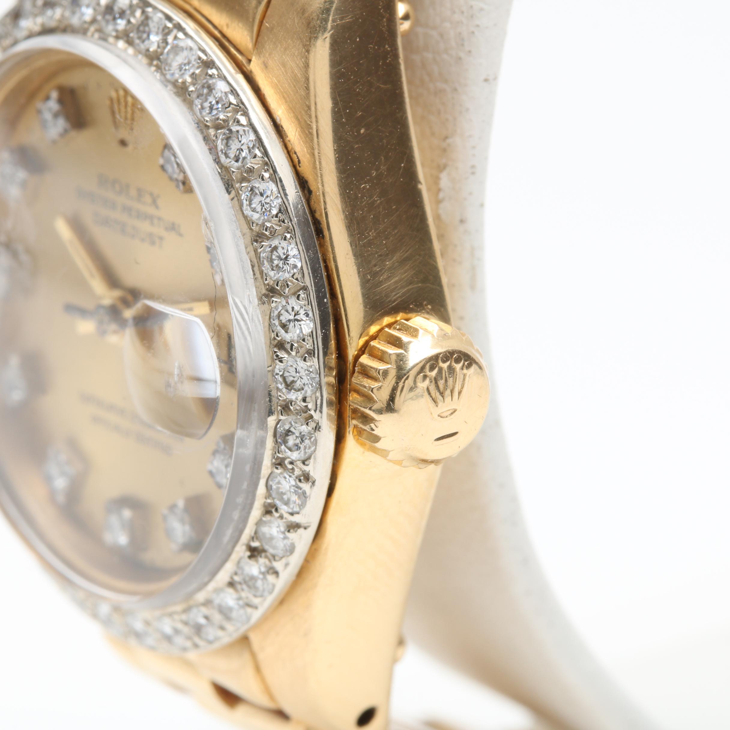 Vintage Rolex Oyster Perpetual Datejust 18K Yellow Gold Diamond Watch