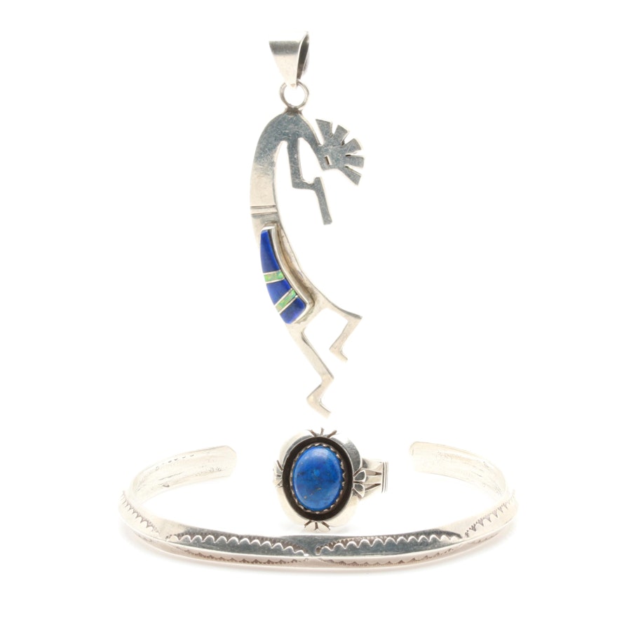 Sterling Silver Lapis Lazuli and Synthetic Opal Ring, Cuff Bracelet and Pendant