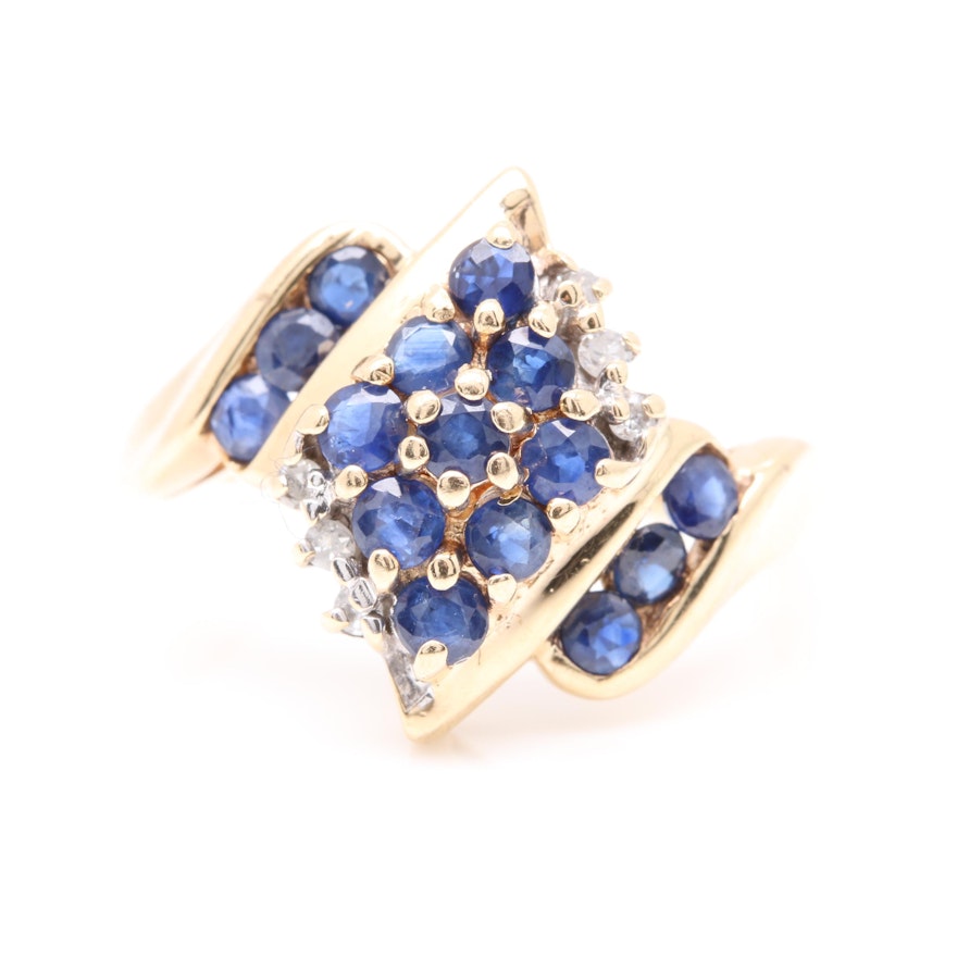 10K Yellow Gold Blue Sapphire and Diamond Bypass Ring