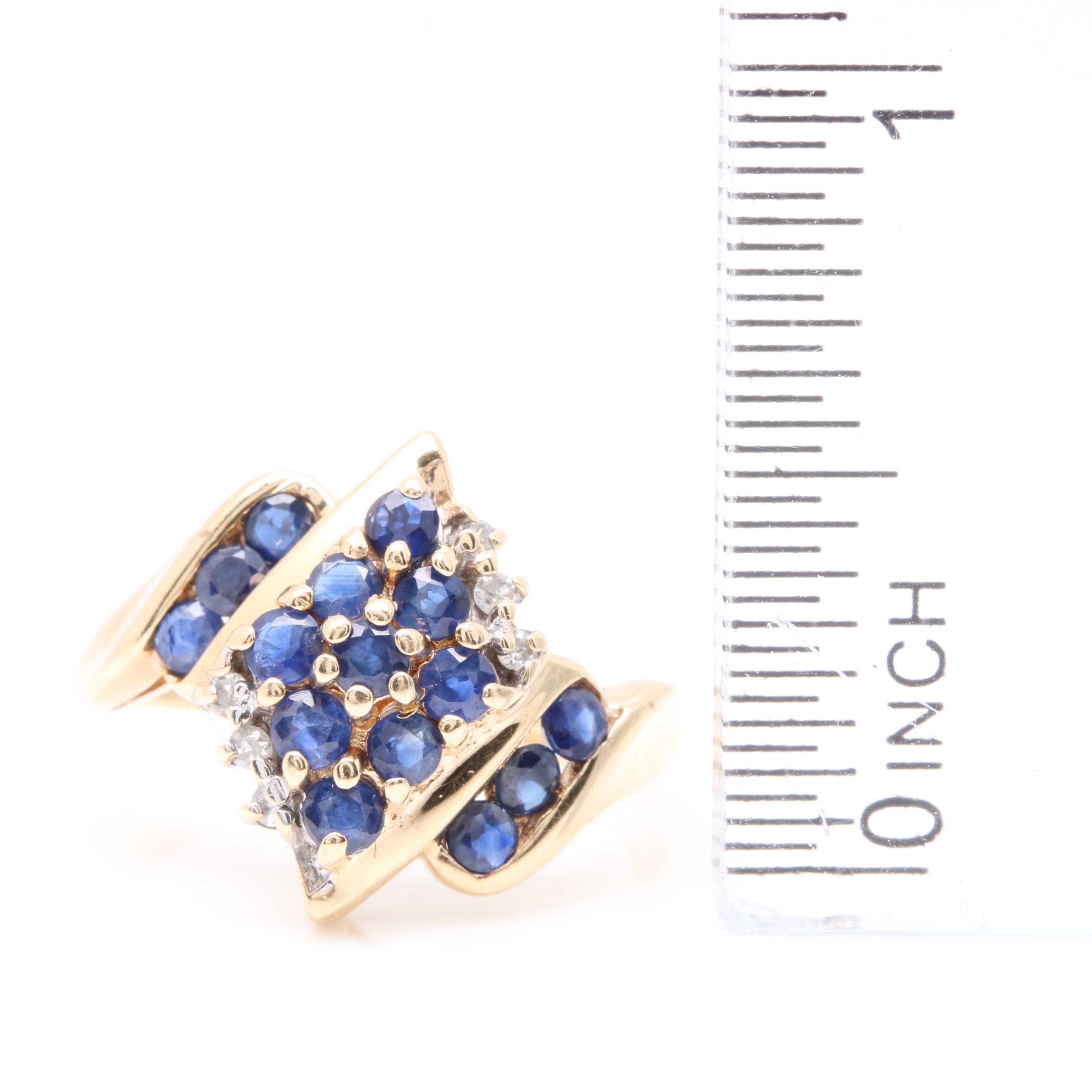 10K Yellow Gold Blue Sapphire and Diamond Bypass Ring
