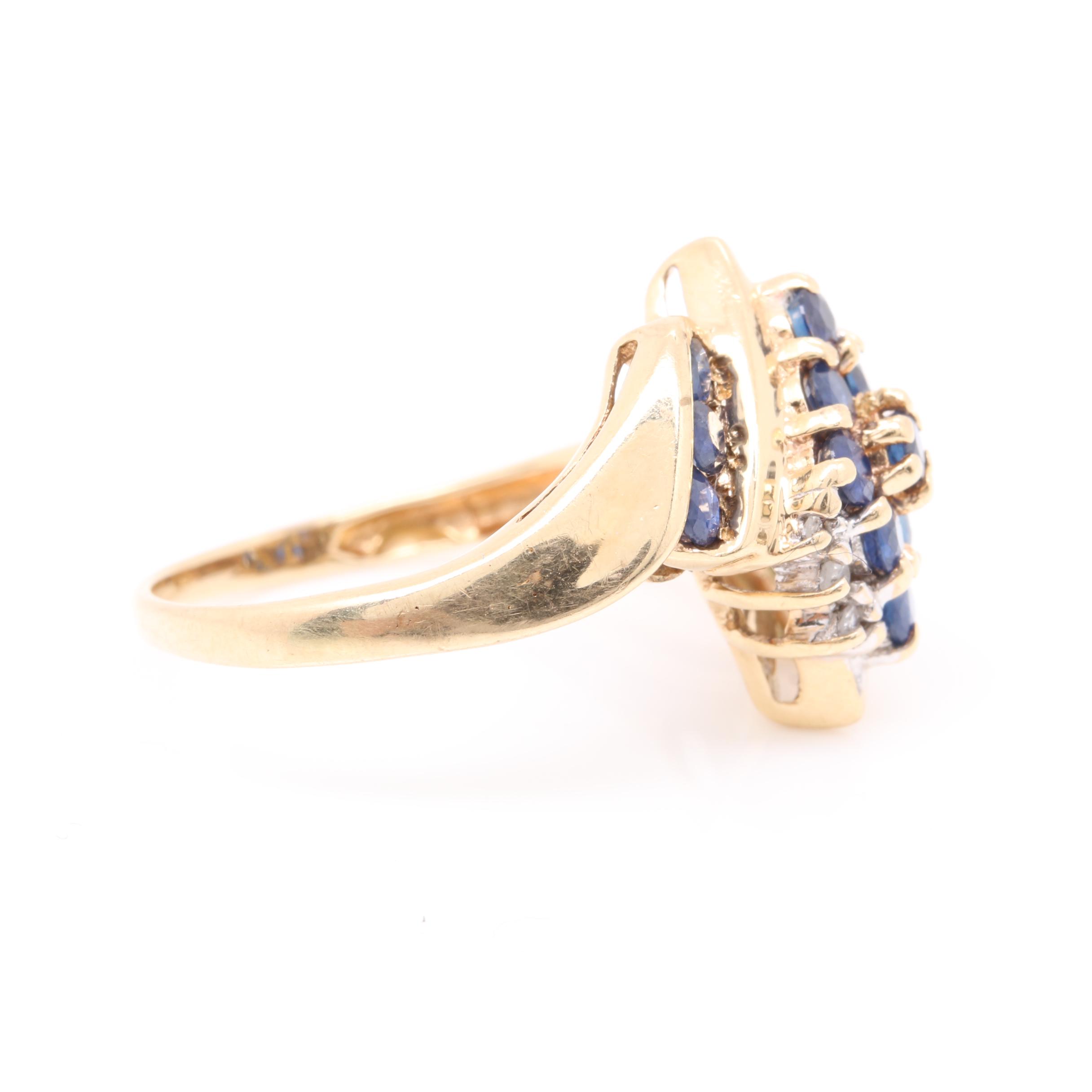 10K Yellow Gold Blue Sapphire and Diamond Bypass Ring