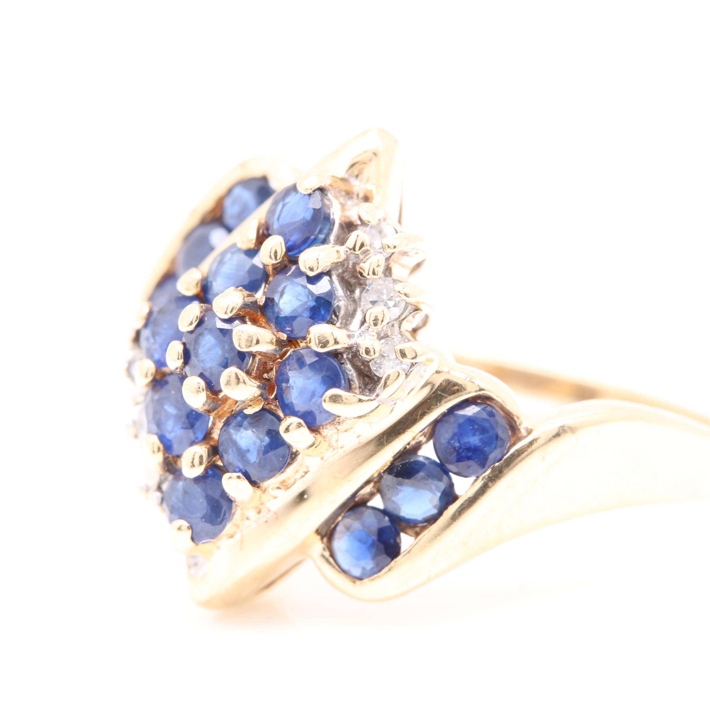 10K Yellow Gold Blue Sapphire and Diamond Bypass Ring
