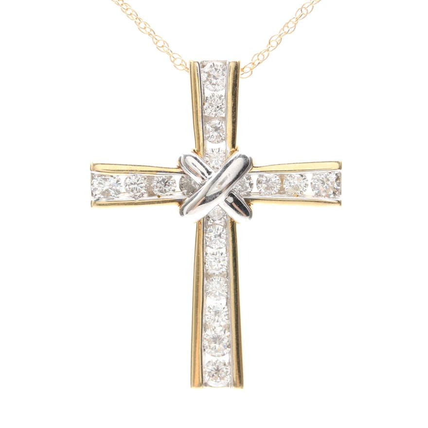 14K Yellow Gold 1.04 CTW Diamond Cross Pendant Necklace
