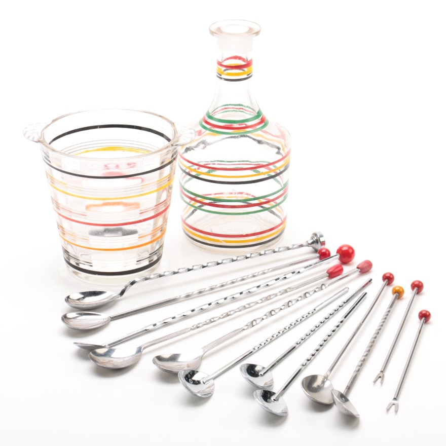 Vintage Colorful Glass Barware and Stainless Mixing Spoons Featuring Halco