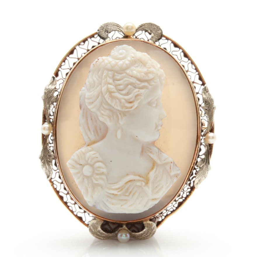 Belle Époque 14K Yellow Gold Agate and Seed Pearl Cameo Converter Brooch
