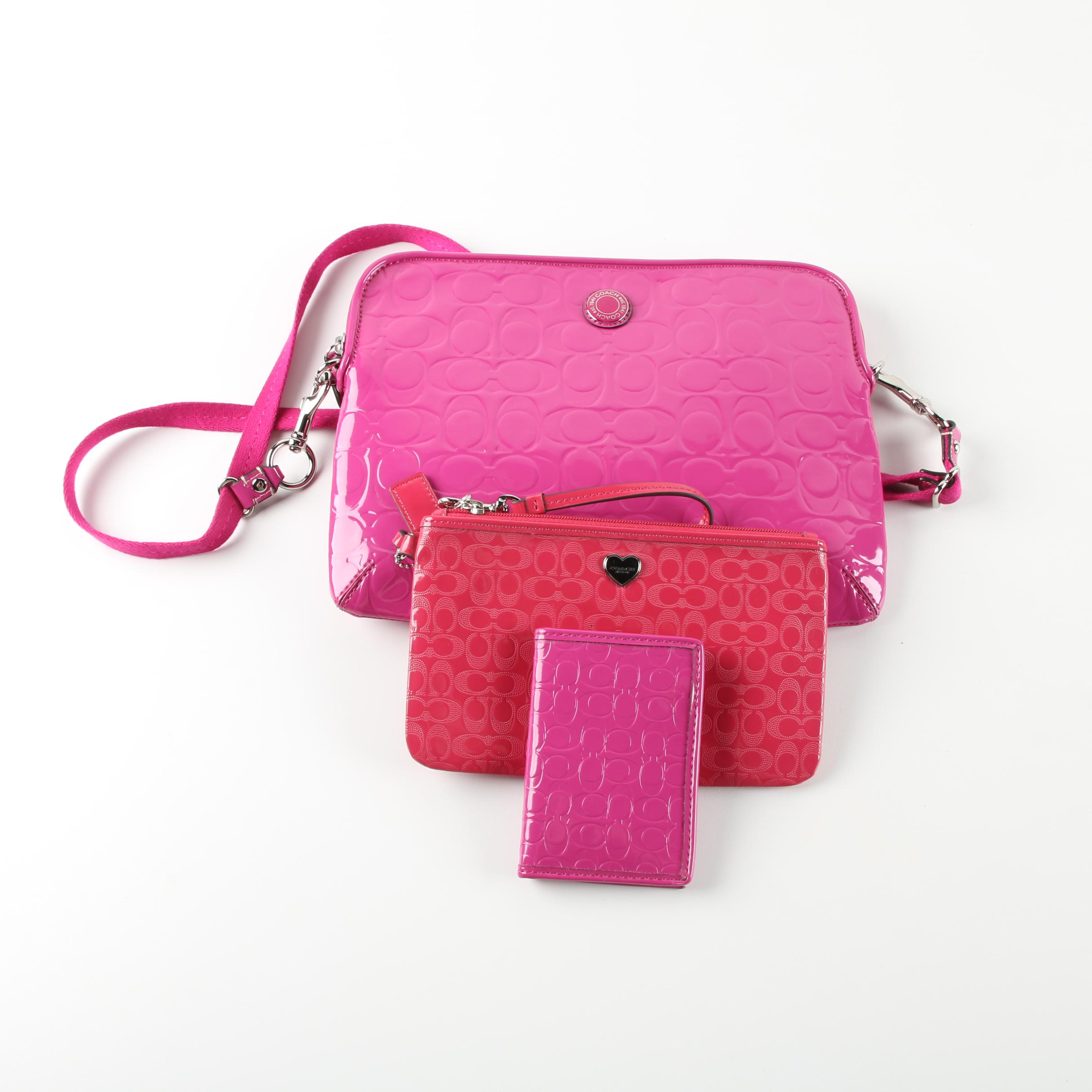Coach Monogram Pink Patent Leather Shoulder Bag, Wristlet, and Card Case