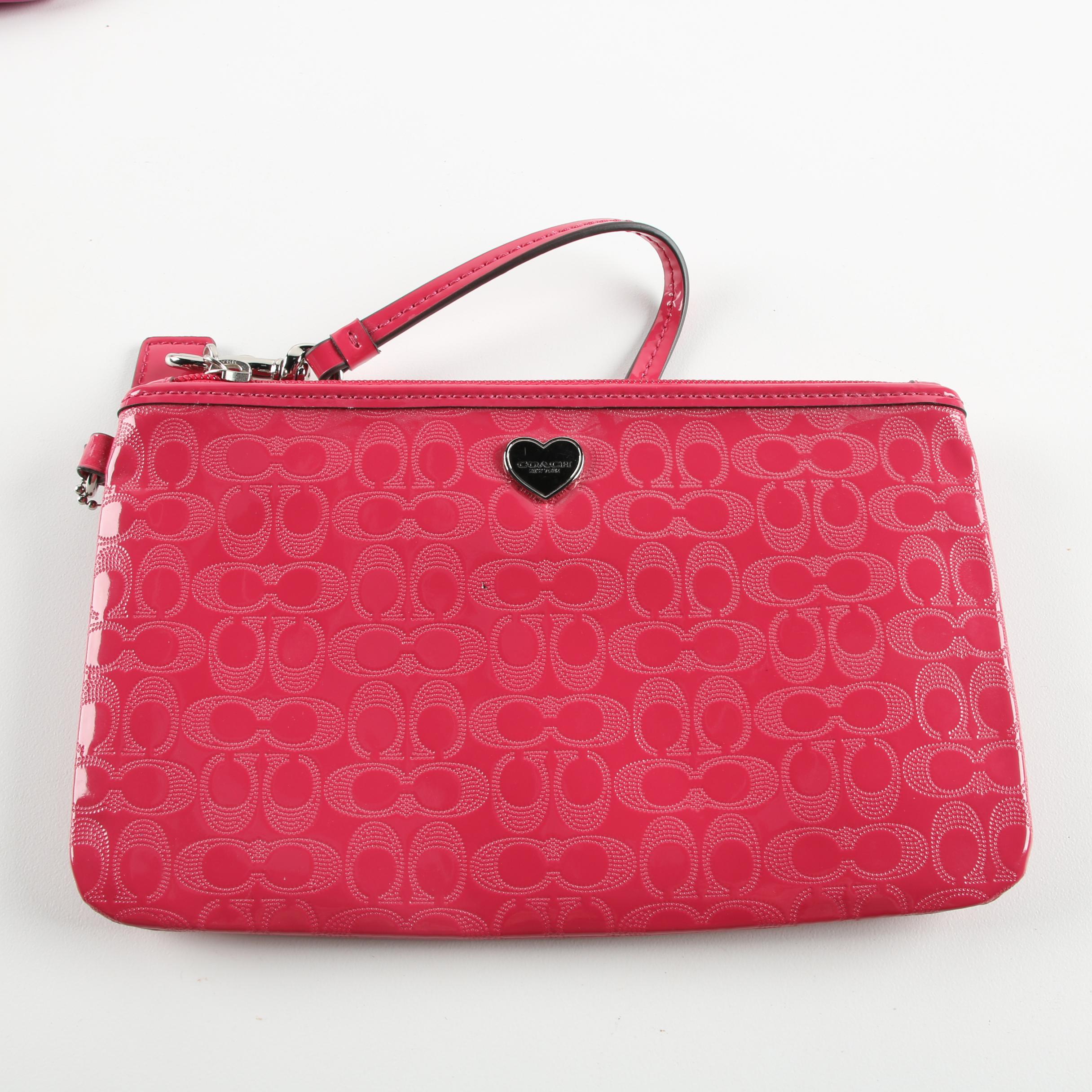 Coach Monogram Pink Patent Leather Shoulder Bag, Wristlet, and Card Case
