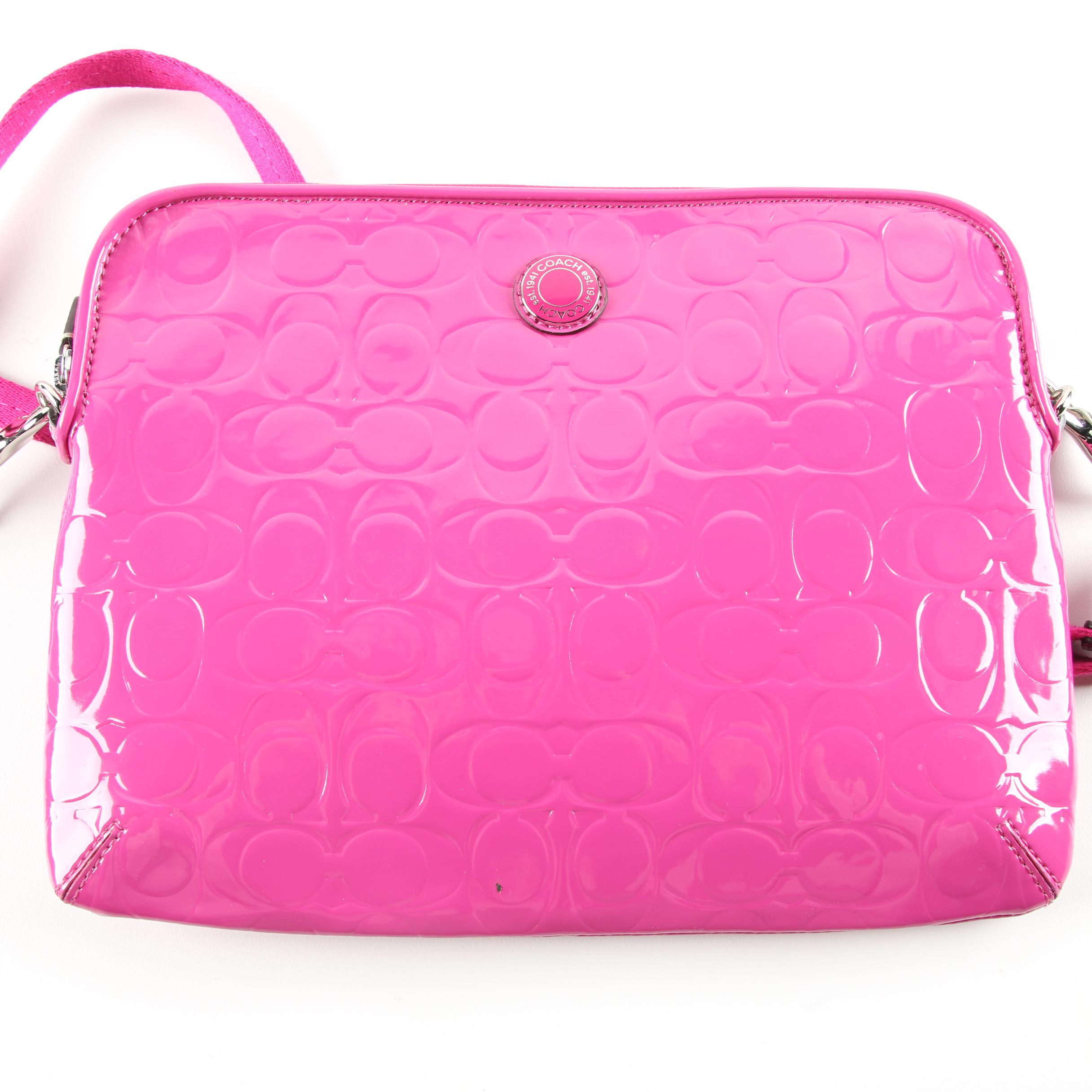 Coach Monogram Pink Patent Leather Shoulder Bag, Wristlet, and Card Case