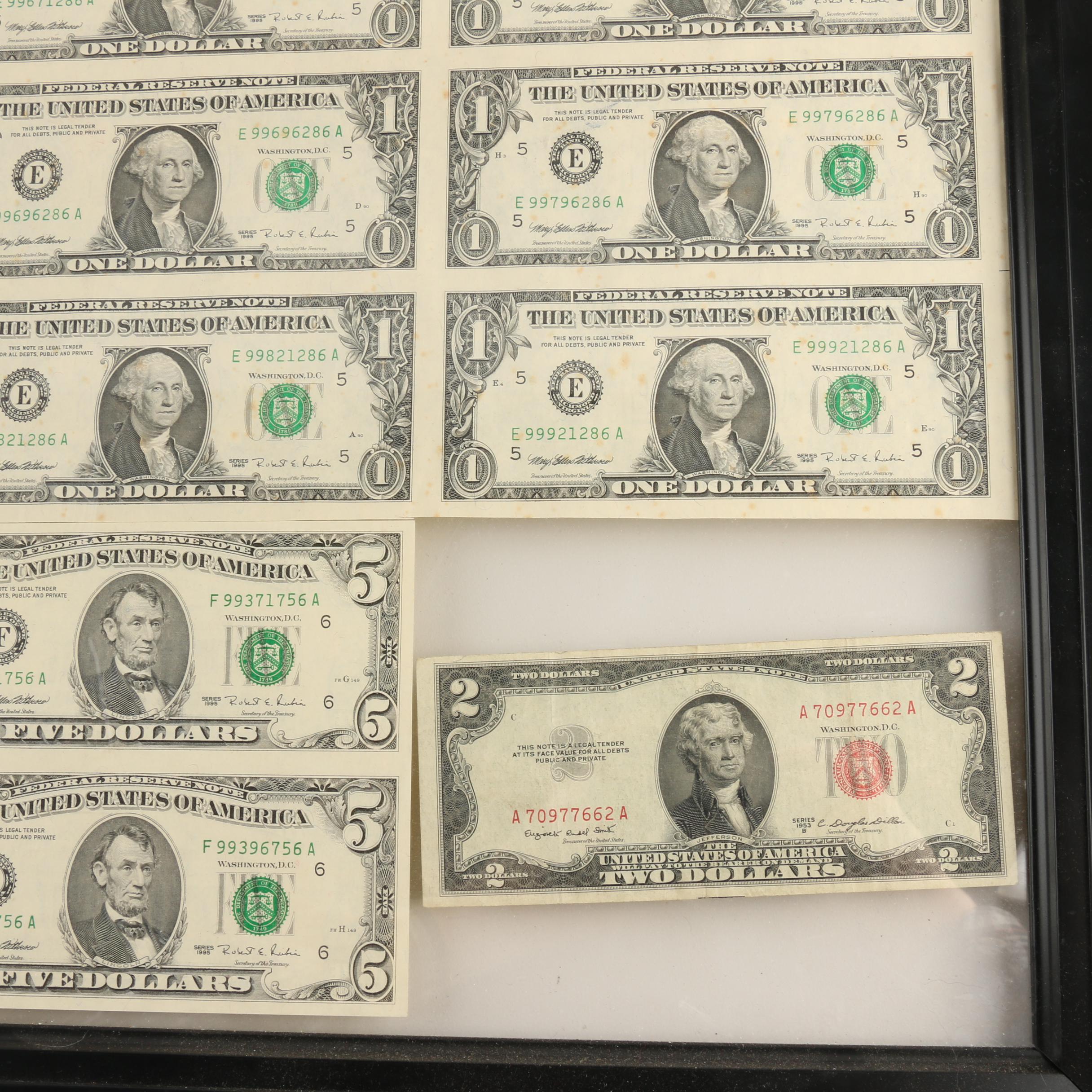 Group of Twenty-Six U.S. Currency Notes Including Uncut Sheet in a Frame