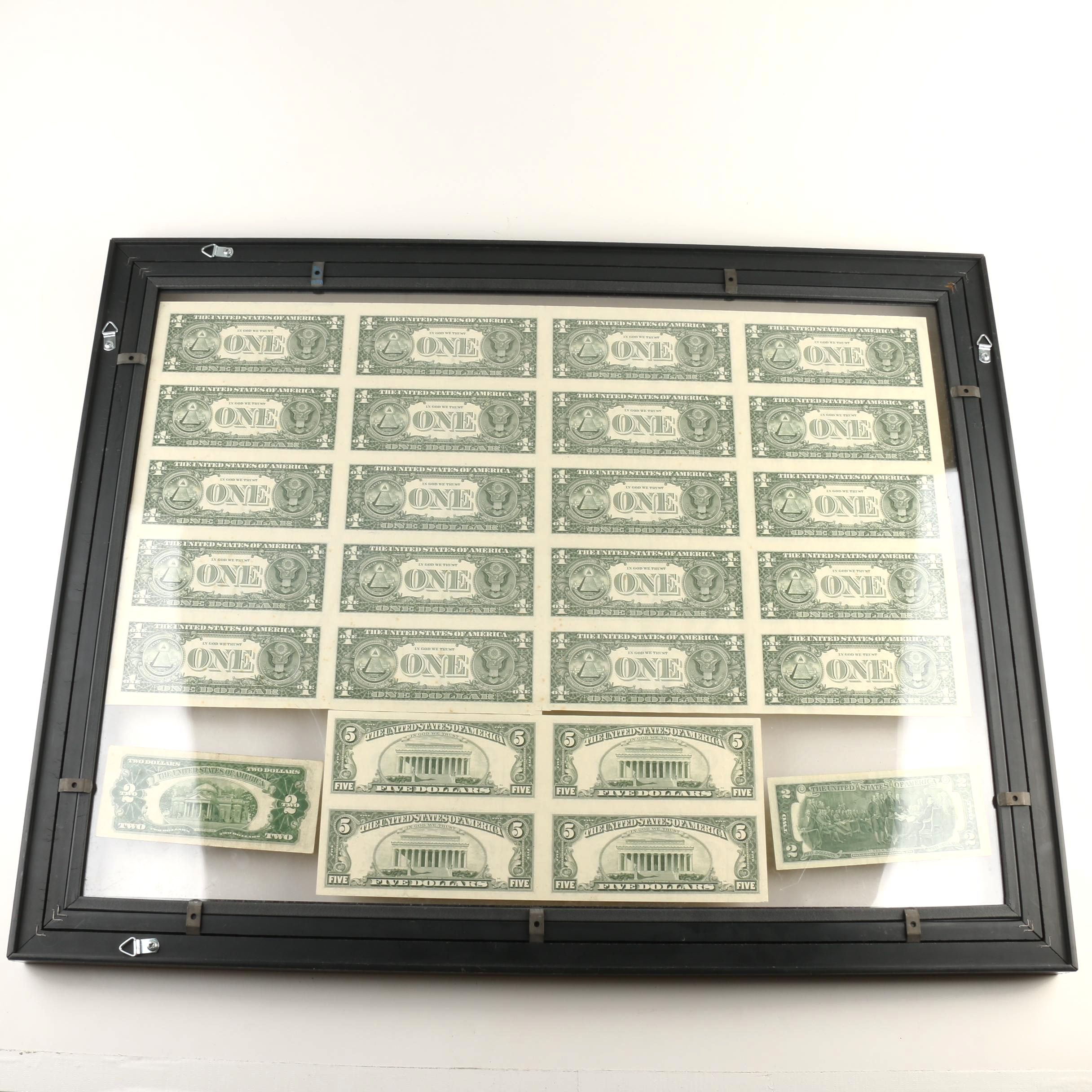 Group of Twenty-Six U.S. Currency Notes Including Uncut Sheet in a Frame