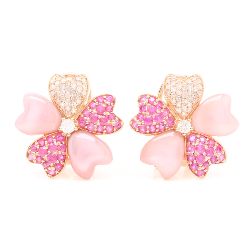 14K Rose Gold Diamond, Ruby, and Mother of Pearl Floral Earrings