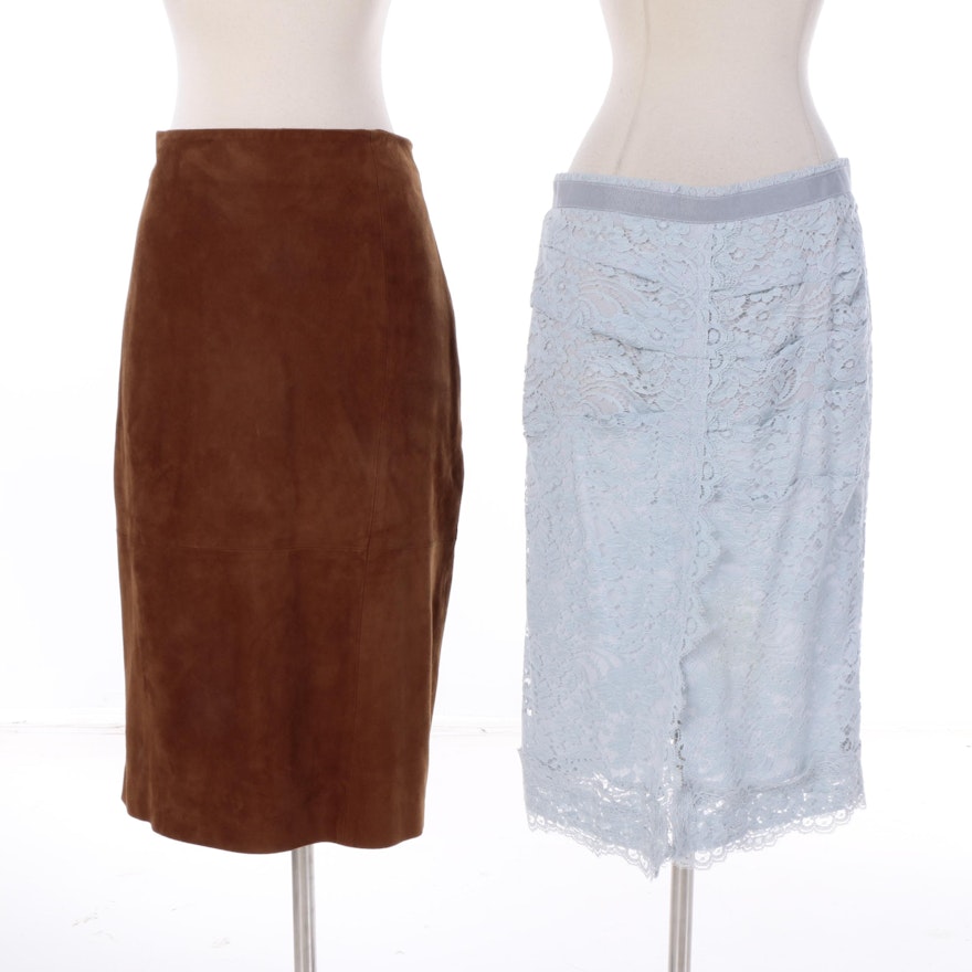 Dolce & Gabbana Blue Lace and Les Copains Brown Suede Skirts