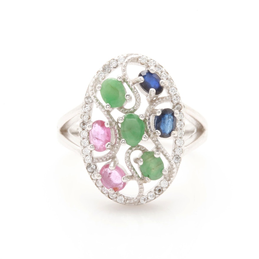 Sterling Silver Blue Sapphire, Emerald, Ruby and Cubic Zirconia Ring