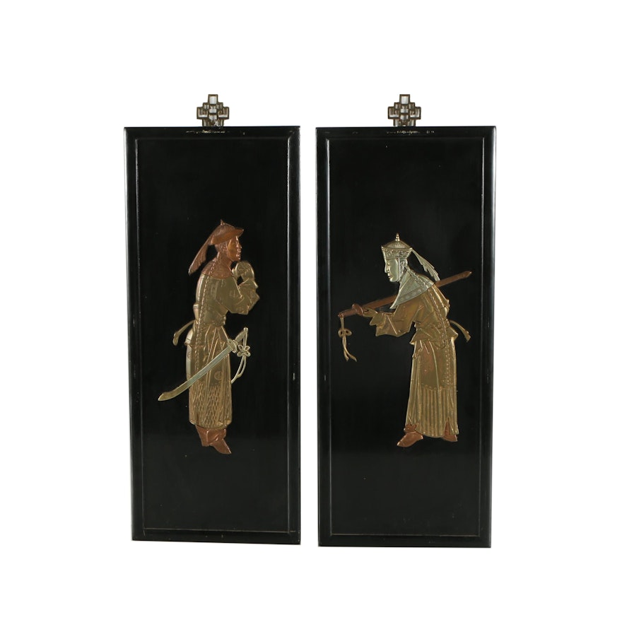 Chinese Decorative Wall Plaques With Brass Figures