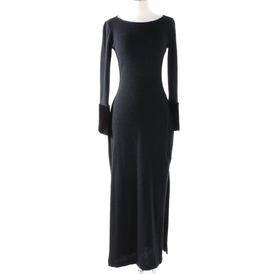 Pamela Dennis Couture Black Wool Dress with Sheared Mink Fur Cuffs