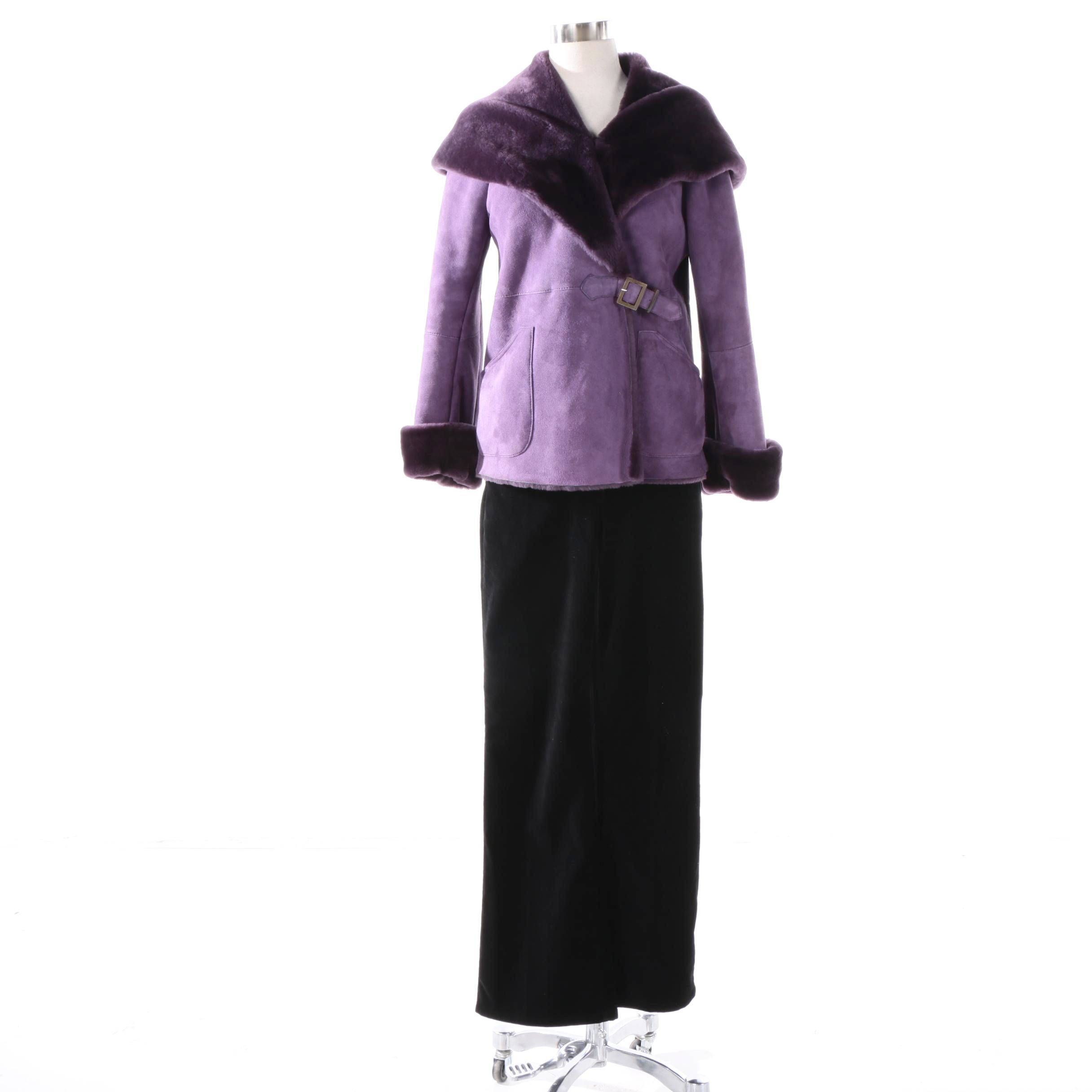 Brioni Purple Suede Shearling Coat and MICHAEL Michael Kors Velvet Pants