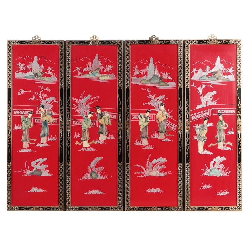 Chinese Wood Panels with Carved Soapstone Inlays