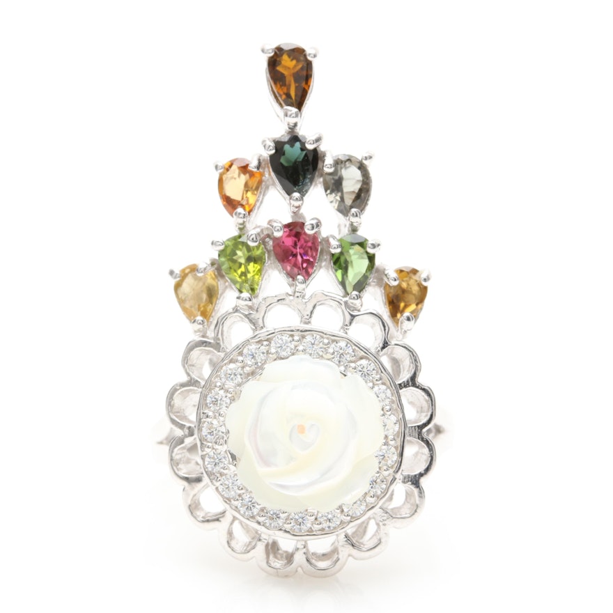 Sterling Silver Mother of Pearl, Citrine, Tourmaline, and Peridot Ring