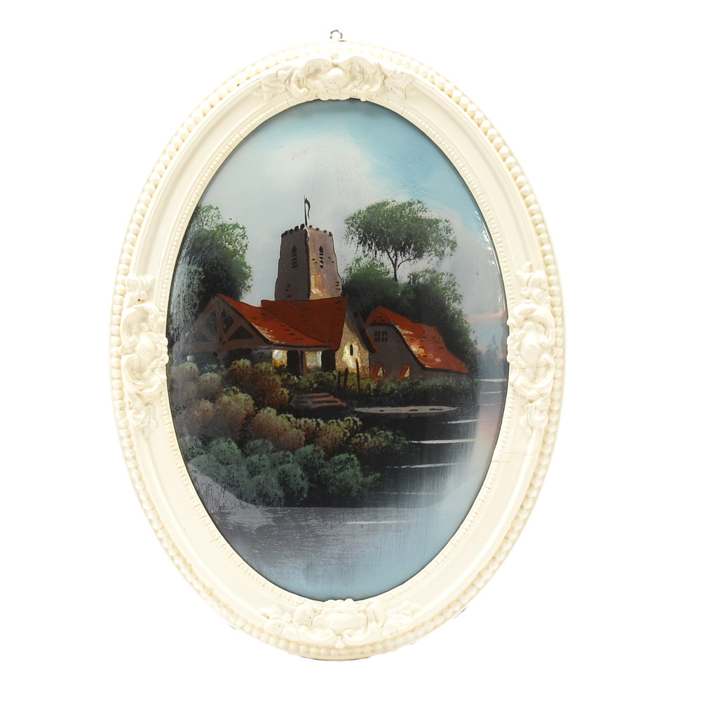 Vintage Oval Reverse Glass Painting of a Landscape