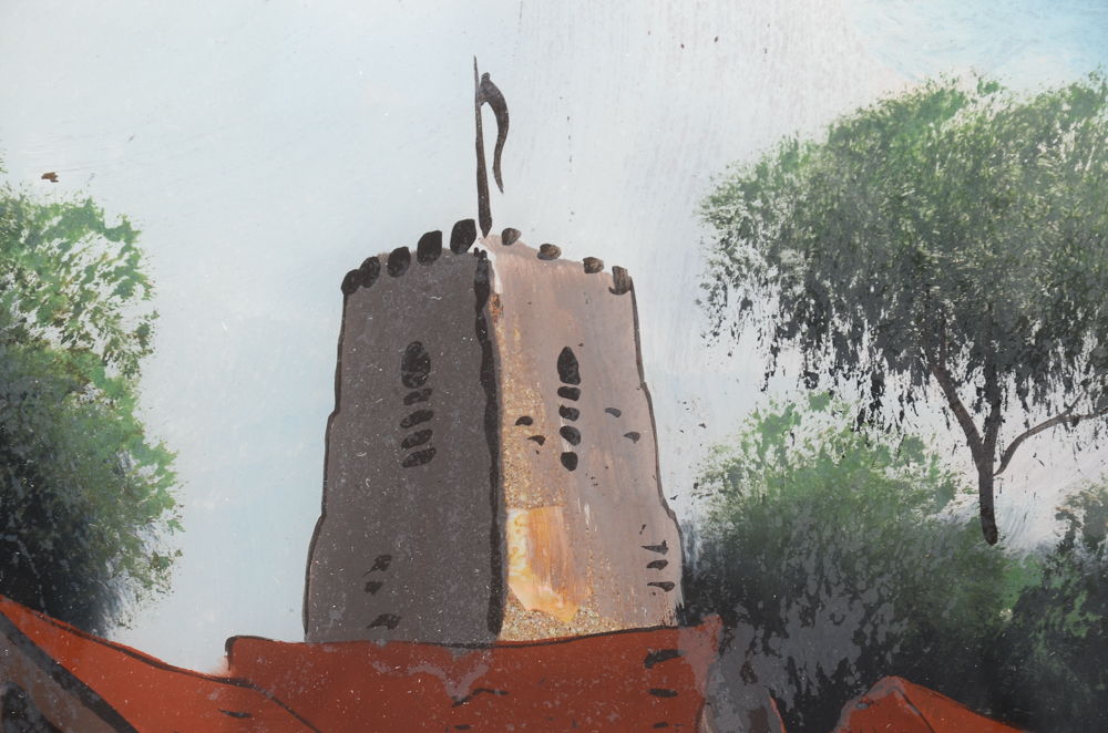 Vintage Oval Reverse Glass Painting of a Landscape