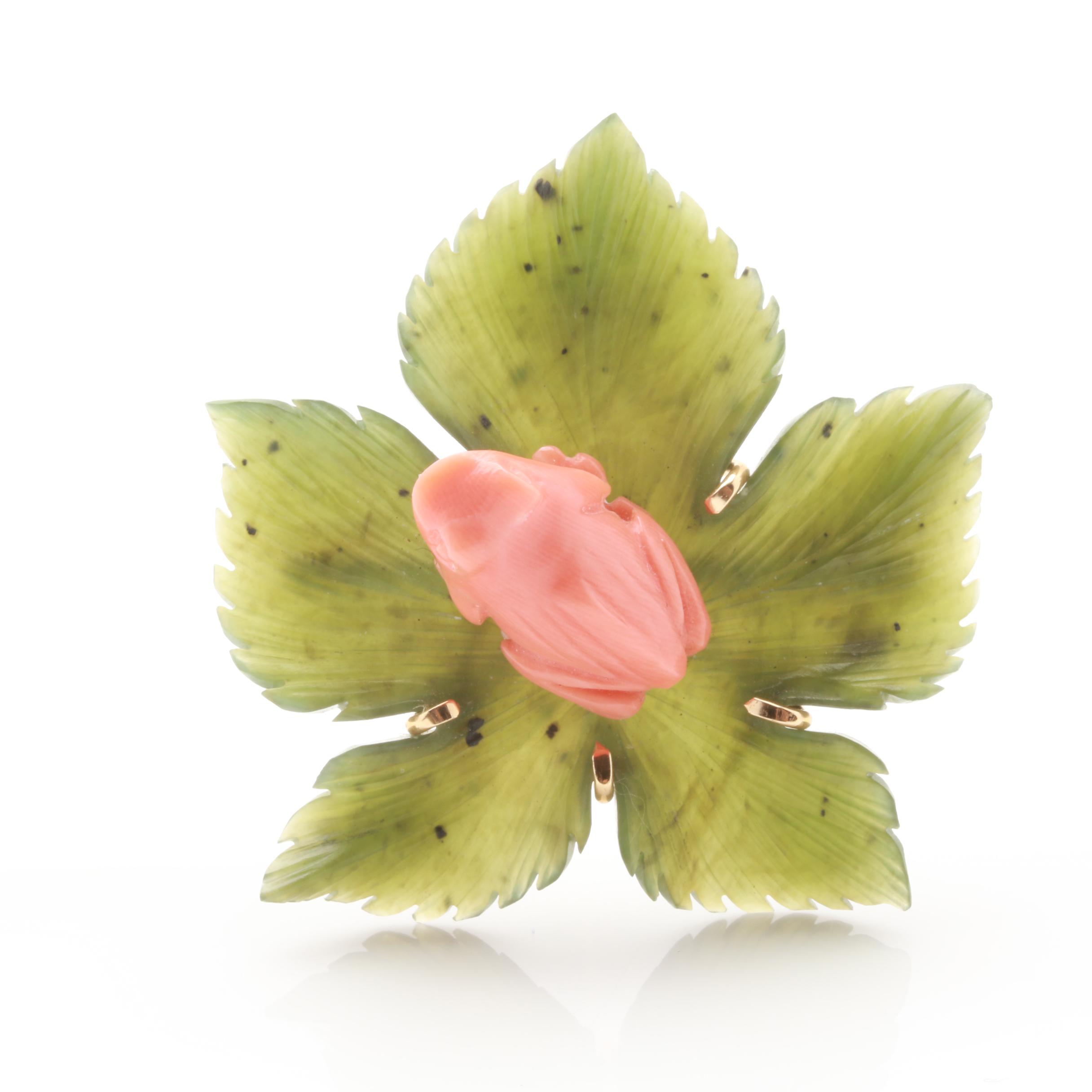 14K Yellow Gold Nephrite and Coral Frog Brooch