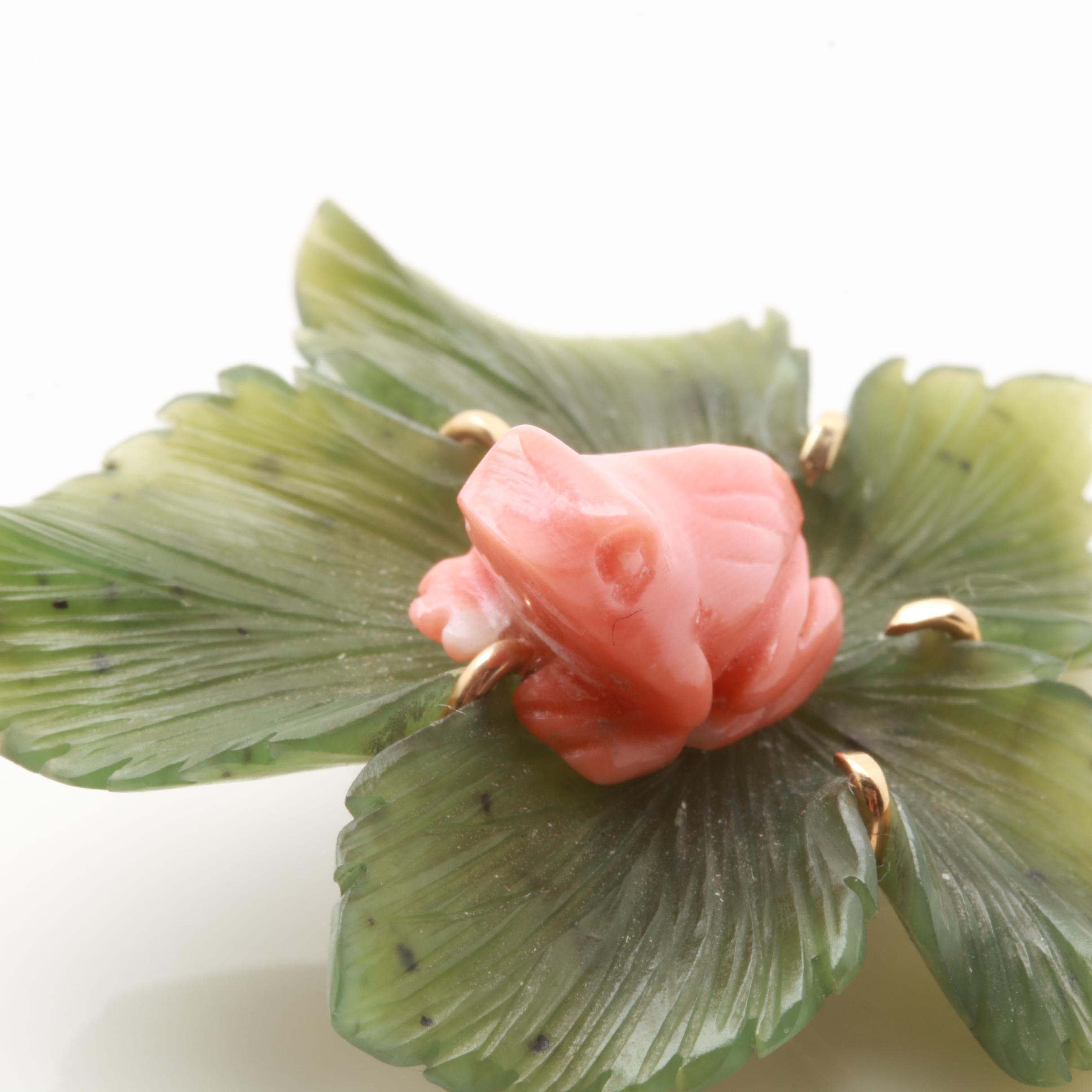 14K Yellow Gold Nephrite and Coral Frog Brooch
