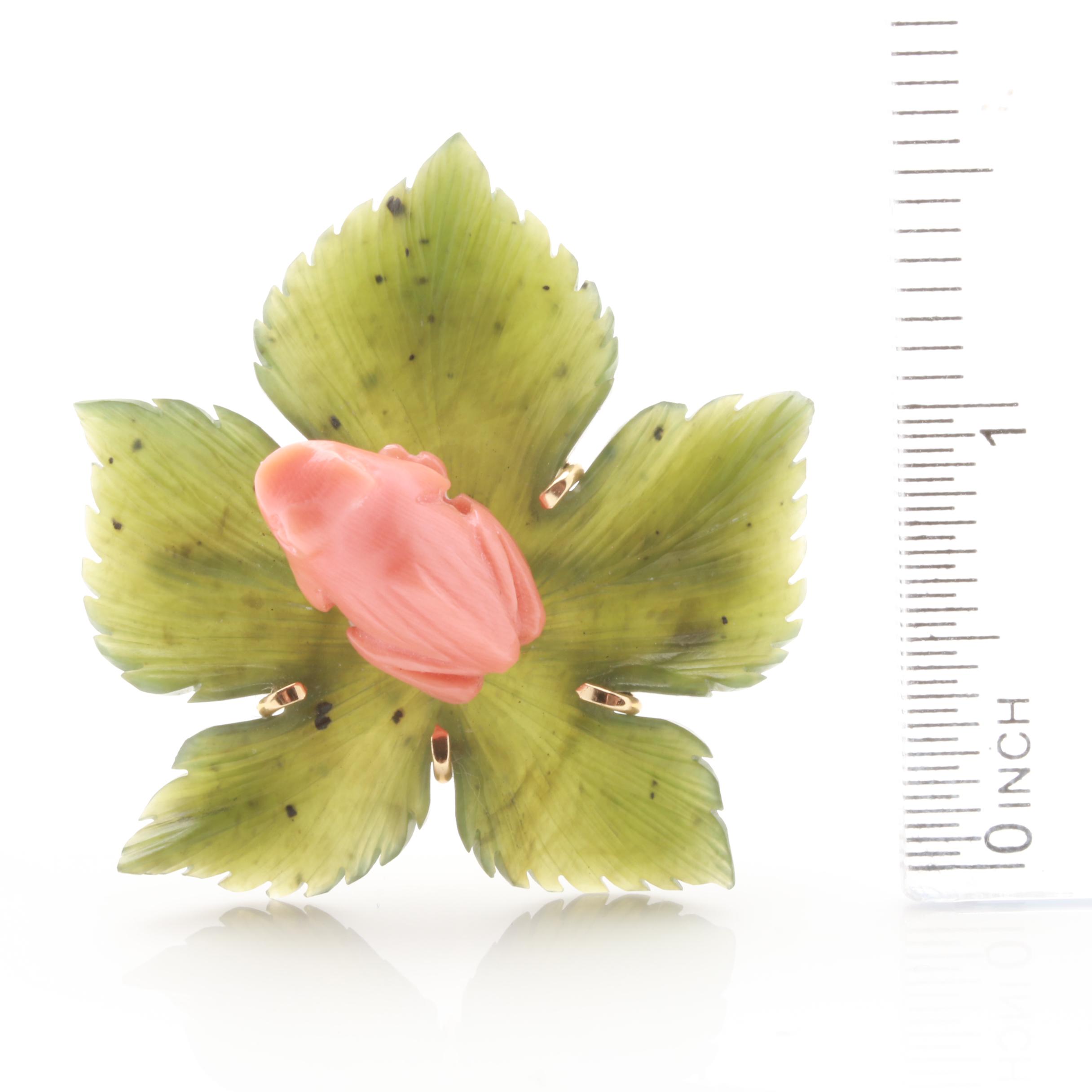 14K Yellow Gold Nephrite and Coral Frog Brooch