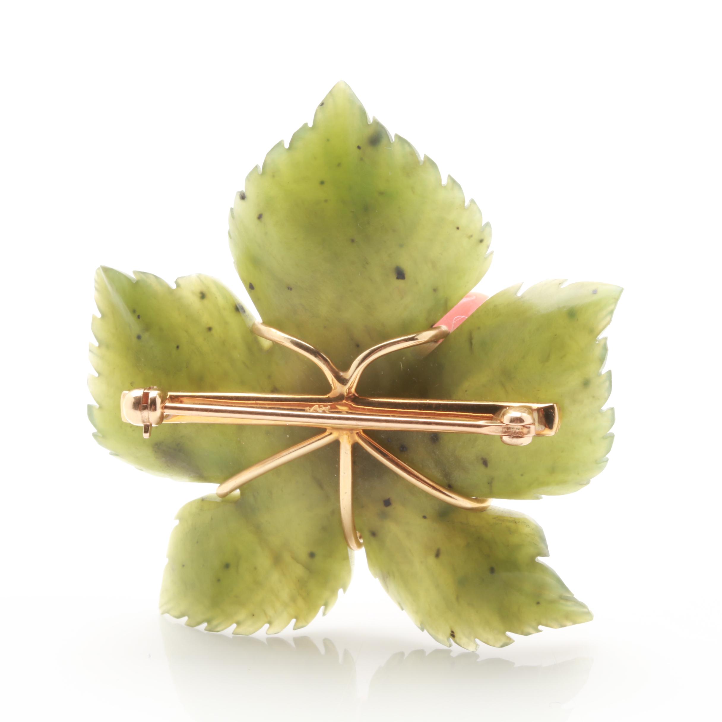14K Yellow Gold Nephrite and Coral Frog Brooch
