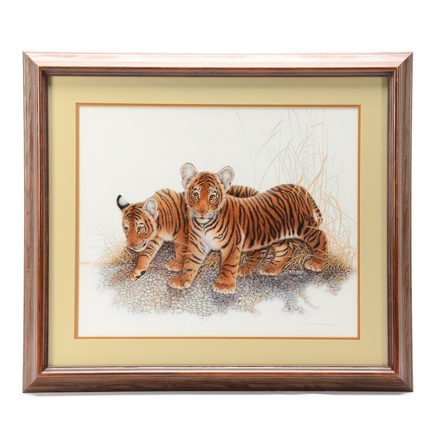Jim Oliver Original Watercolor Painting of Tiger Cubs