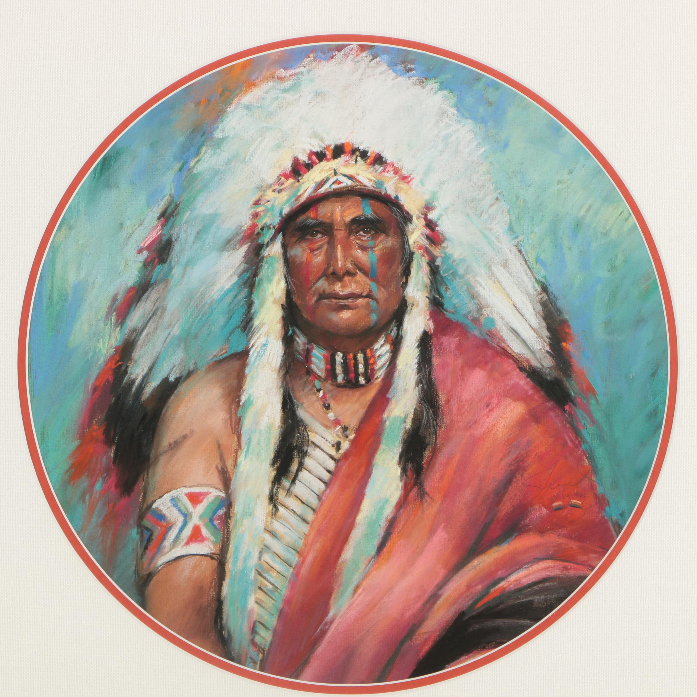 Budd Sherrick Pastel Portrait Drawing "Tondo: Indian Warrior"