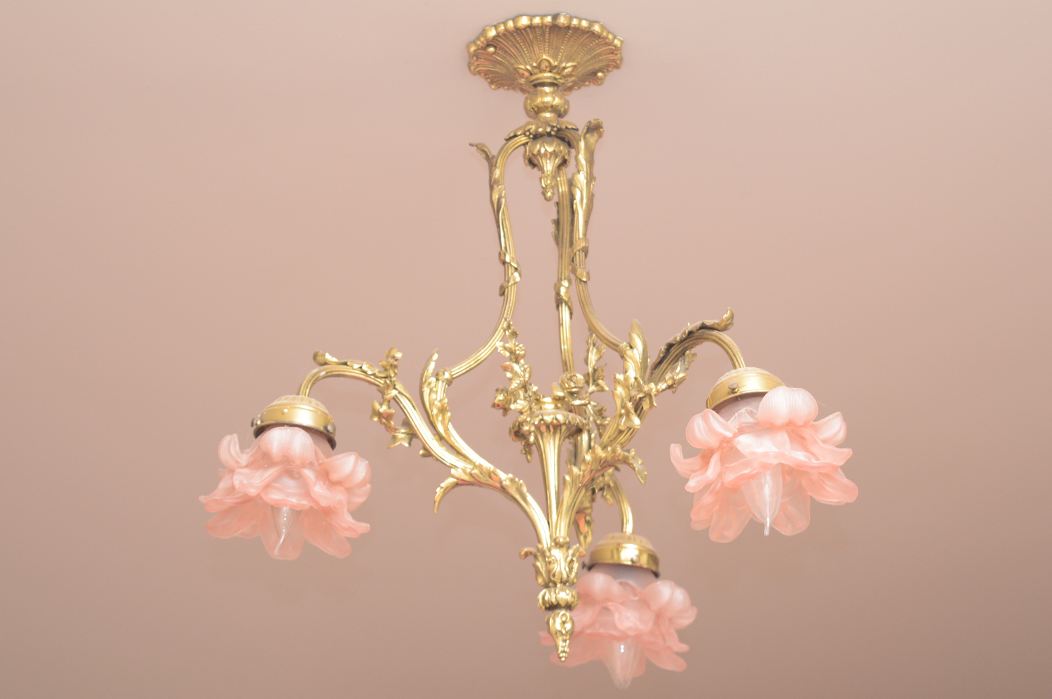 Vintage Chandelier with Pink Glass Lampshades