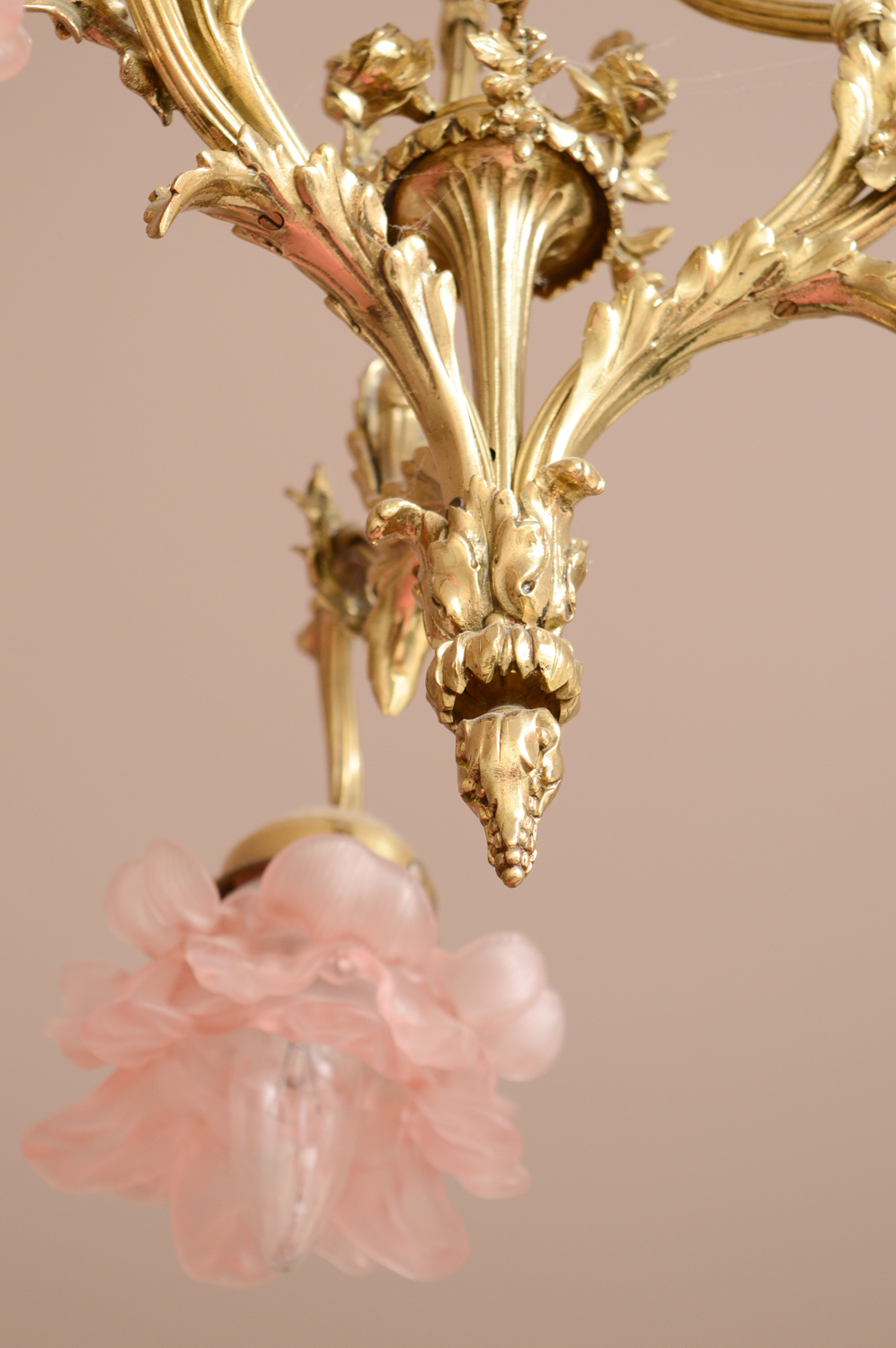 Vintage Chandelier with Pink Glass Lampshades