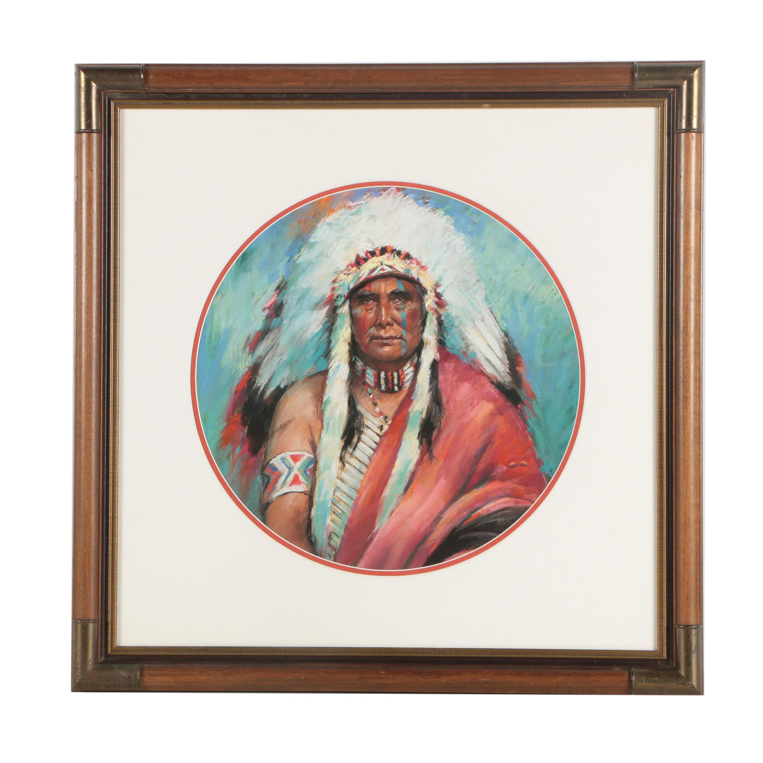 Budd Sherrick Pastel Portrait Drawing "Tondo: Indian Warrior"