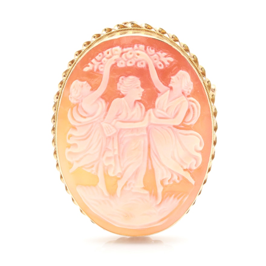 14K Yellow Gold Helmet Shell Cameo Converter Brooch