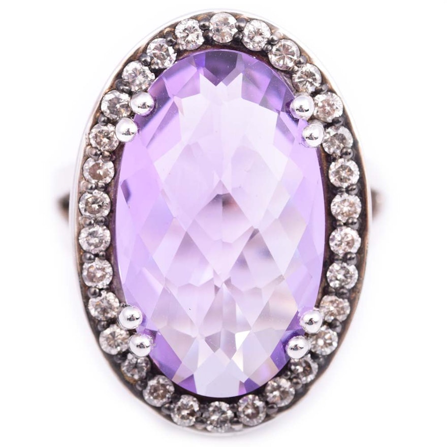 Sterling Silver and Platinum Alloy Amethyst and Diamond Ring