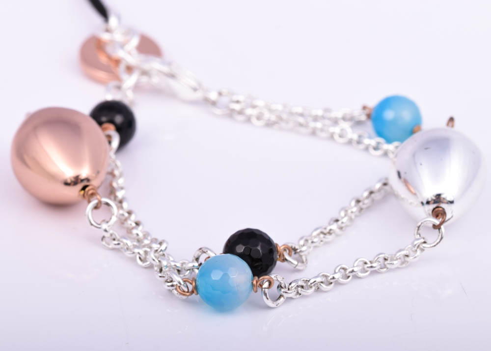 Plated Silver Rose Tone Pendant Necklace and Double Strand Glass Bead Bracelet