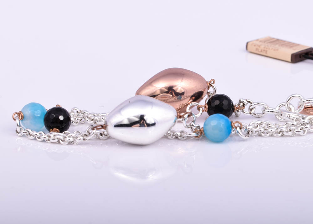 Plated Silver Rose Tone Pendant Necklace and Double Strand Glass Bead Bracelet