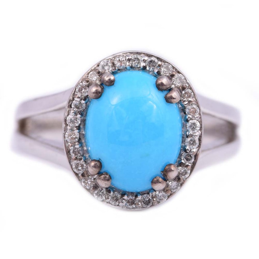 Sterling Silver and Platinum Alloy Turquoise and Diamond Ring