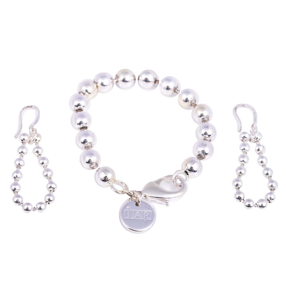 Plated Silver Round Bead Bracelet and Bead Dangle Earrings