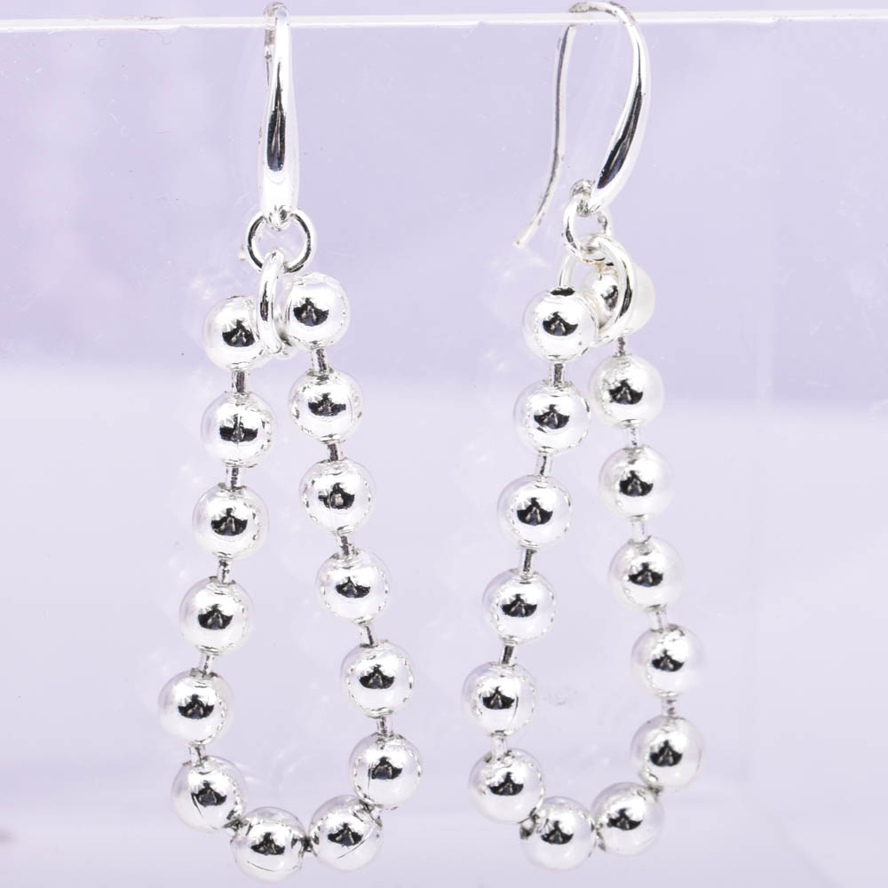 Plated Silver Round Bead Bracelet and Bead Dangle Earrings